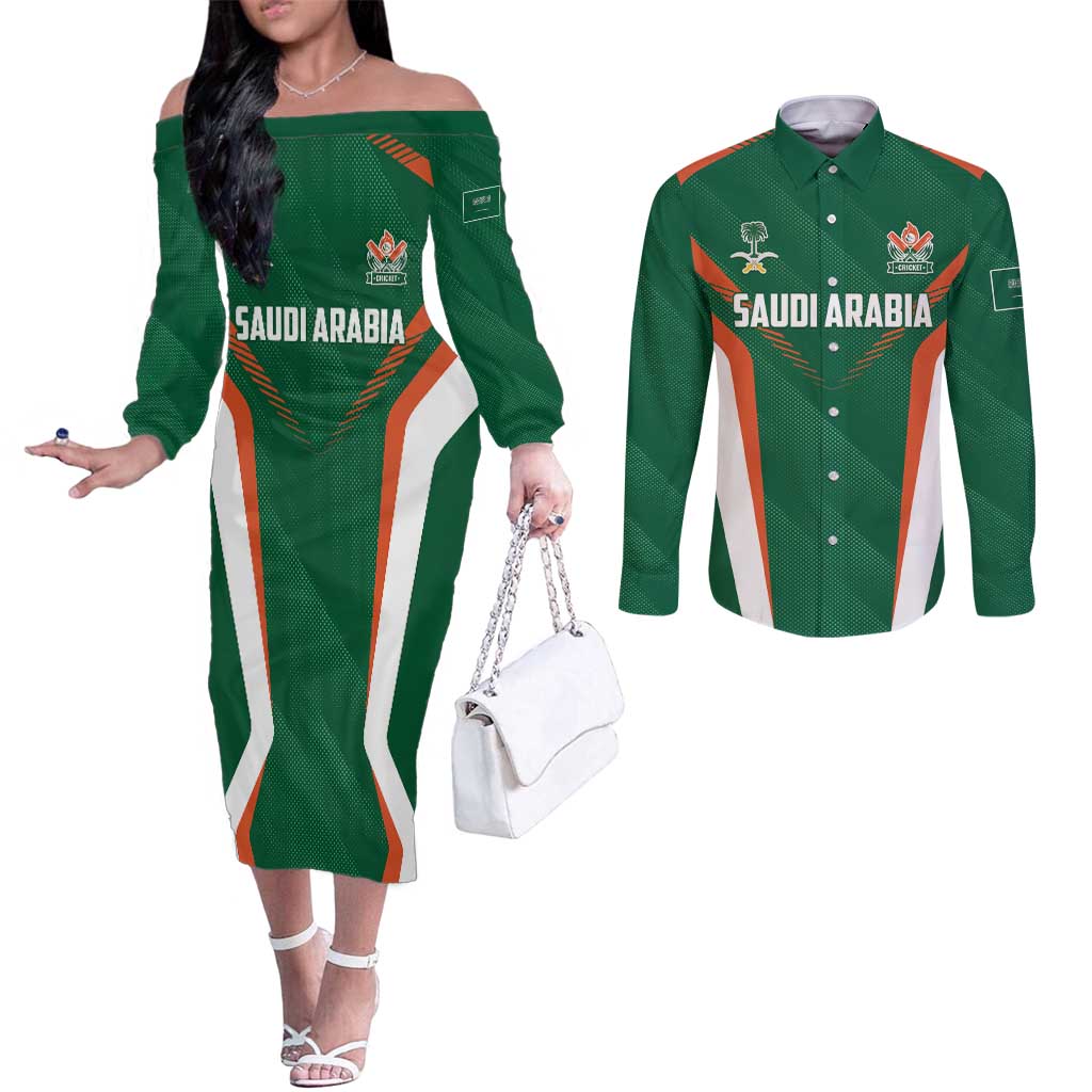 Custom Saudi Arabia Cricket Couples Matching Off The Shoulder Long Sleeve Dress and Long Sleeve Button Shirt TeamSaudi Go Champions