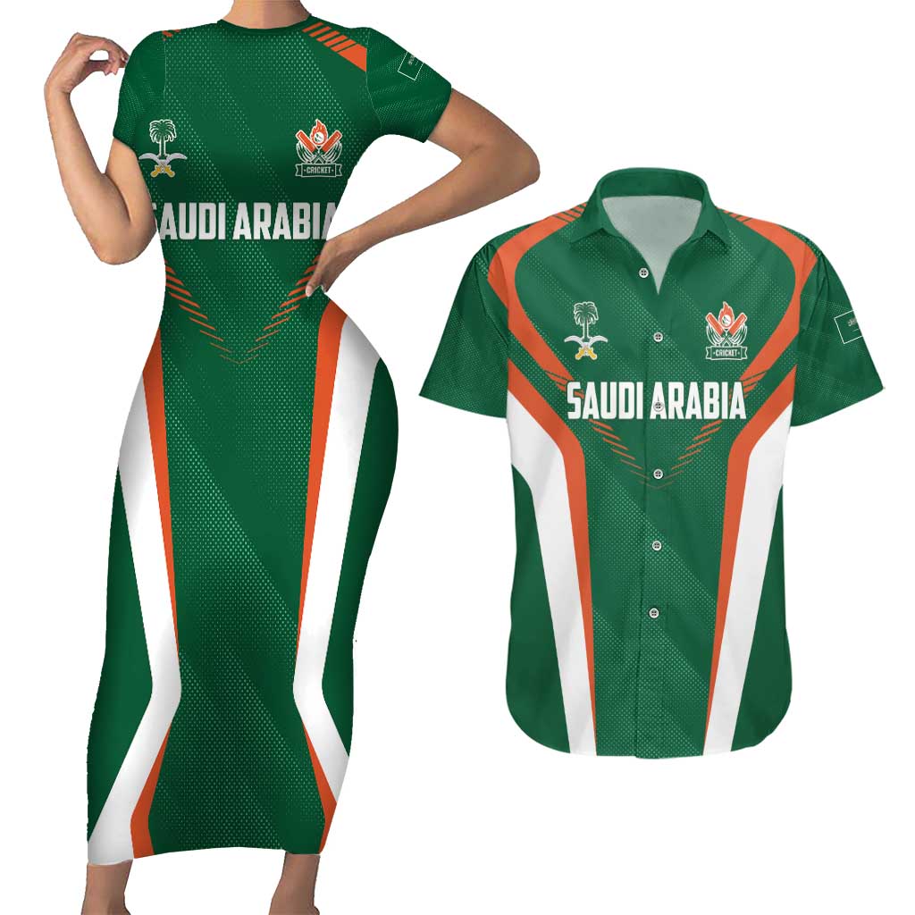 Custom Saudi Arabia Cricket Couples Matching Short Sleeve Bodycon Dress and Hawaiian Shirt TeamSaudi Go Champions - Wonder Print Shop