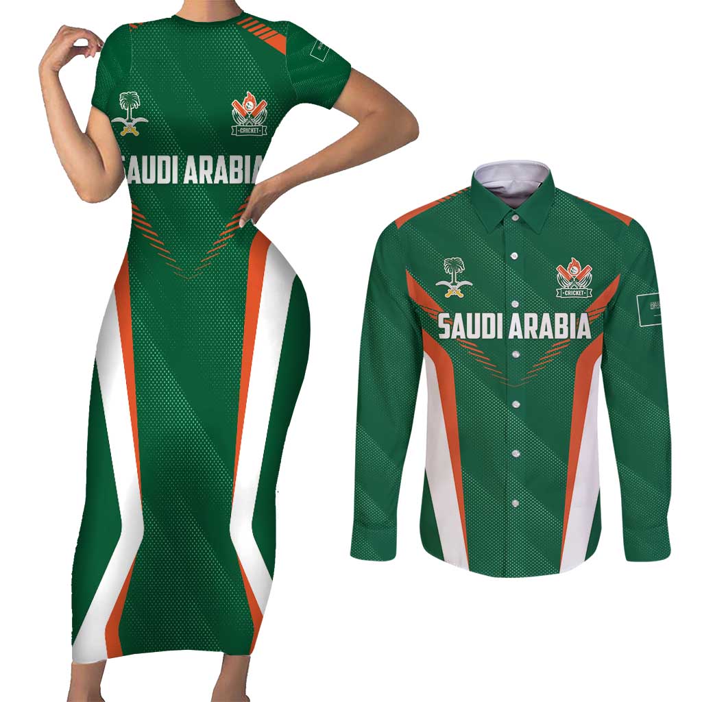 Custom Saudi Arabia Cricket Couples Matching Short Sleeve Bodycon Dress and Long Sleeve Button Shirt TeamSaudi Go Champions - Wonder Print Shop