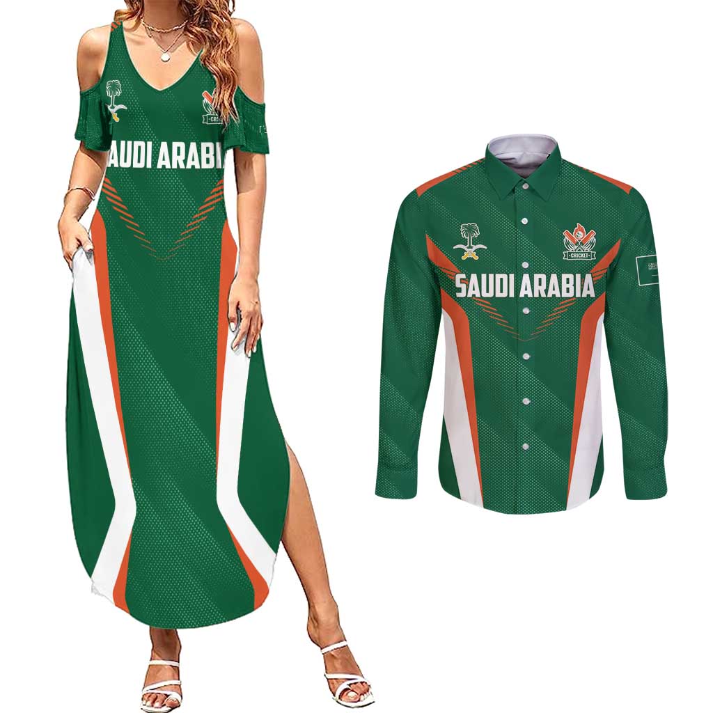 Custom Saudi Arabia Cricket Couples Matching Summer Maxi Dress and Long Sleeve Button Shirt TeamSaudi Go Champions - Wonder Print Shop