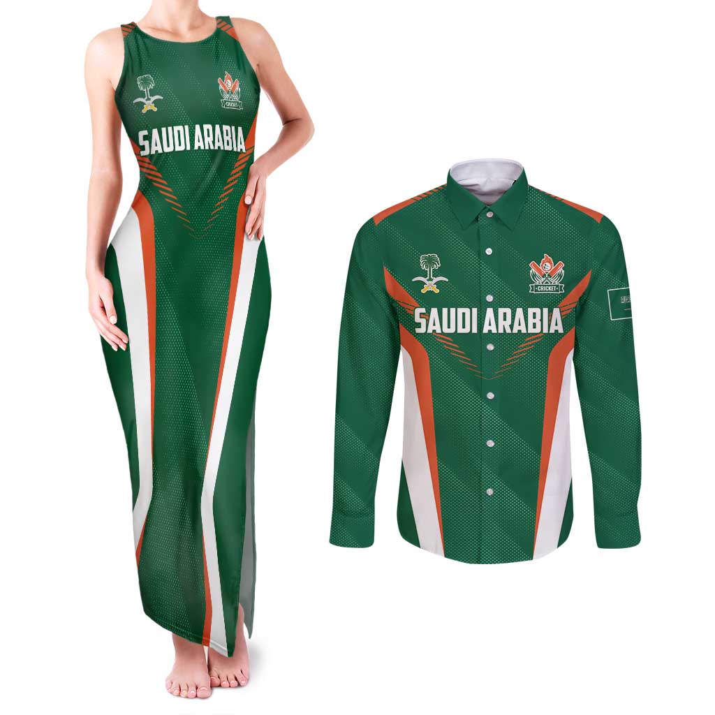 Custom Saudi Arabia Cricket Couples Matching Tank Maxi Dress and Long Sleeve Button Shirt TeamSaudi Go Champions - Wonder Print Shop