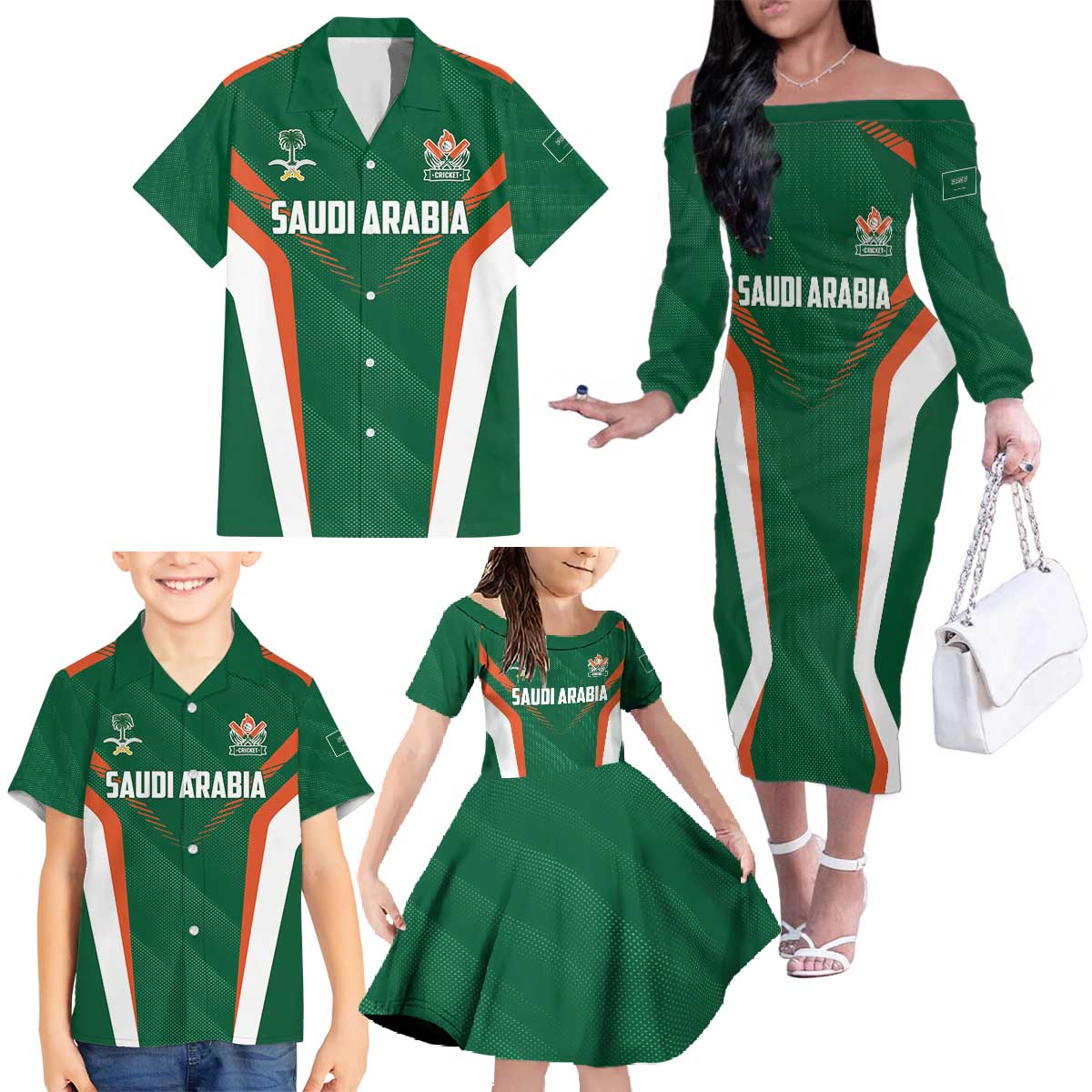 Custom Saudi Arabia Cricket Family Matching Off The Shoulder Long Sleeve Dress and Hawaiian Shirt TeamSaudi Go Champions - Wonder Print Shop