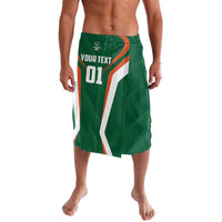 Green cricket lavalava skirt with white/orange side stripe and number 01 front