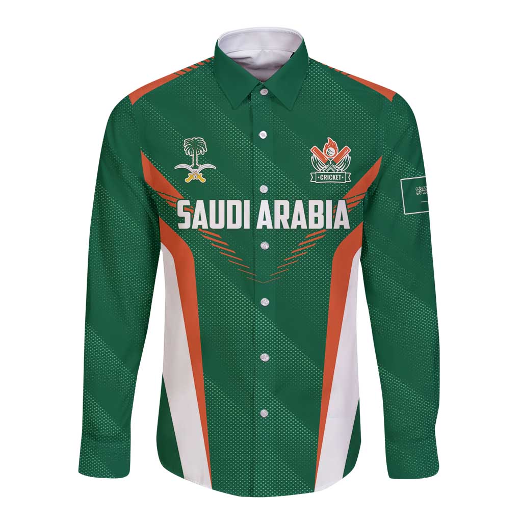 Green long-sleeve button cricket shirt with front crest and SAUDI ARABIA print