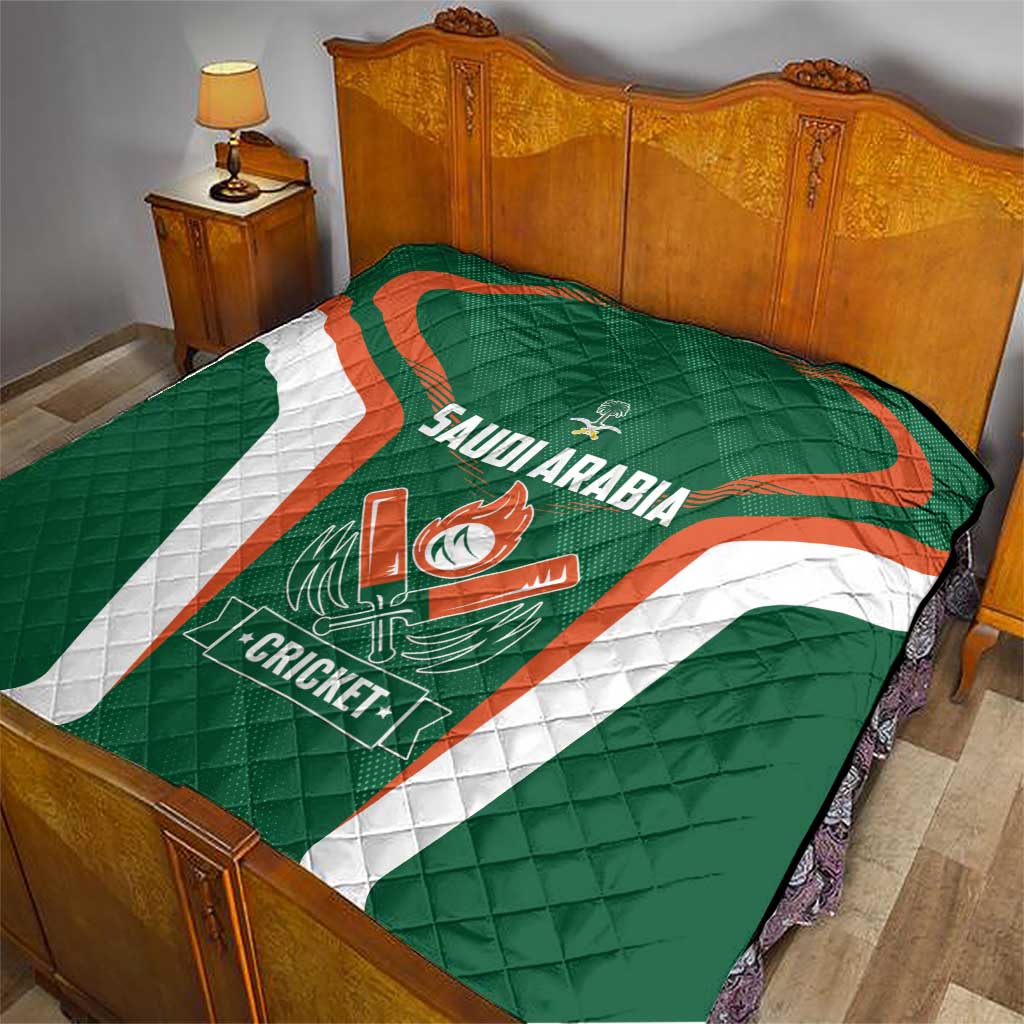 Green Saudi Arabia cricket quilt laid on a bed with orange/white arch crest
