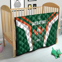 Green Saudi Arabia cricket quilt on a crib featuring “CRICKET” ribbon and crest