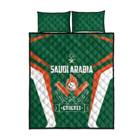 Green quilt with Saudi Arabia text and Cricket emblem, orange and white diagonal accents, 2 pillows