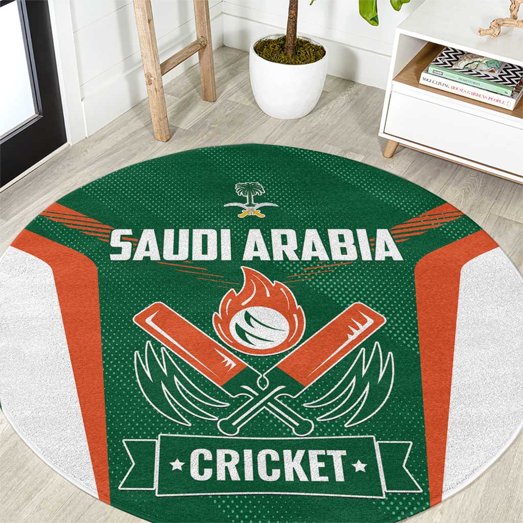 Green round cricket rug with SAUDI ARABIA and CRICKET lettering, orange sports emblem.