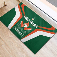 Green rubber cricket doormat, diagonal view, Saudi Arabia team logo