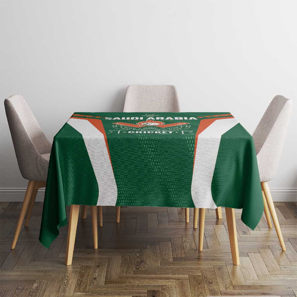 Green cricket tablecloth with Saudi Arabia text and crest, draped on table