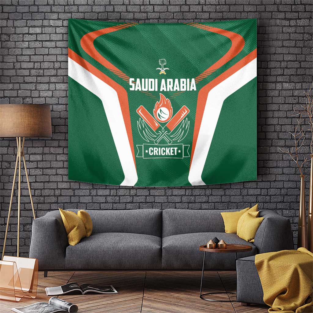 Green Saudi Arabia cricket team tapestry with orange emblem and white stripes