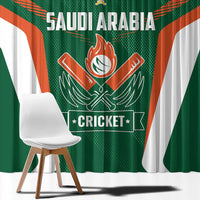 Green window curtain with oversized cricket graphic, orange accents, and white side stripes