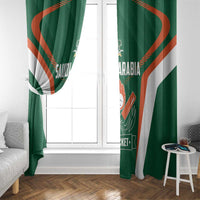 Green curtain set with cricket logo and orange curved stripes across two panels