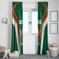 Green curtain panels with cricket crest, orange curved stripes, and white side bands