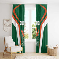 Green window curtains featuring a centered cricket crest and orange stripe design