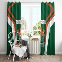 Green double curtain panels with bold orange stripes and cricket emblem