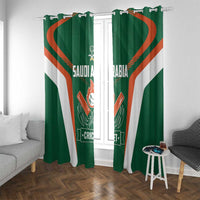 Green curtains with cricket emblem, white side stripes, and orange curved accents