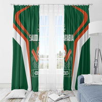 Green sheer window curtain panels with cricket crest and orange stripe accents