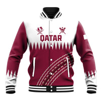 Maroon and white baseball jacket with striped ribbed collar and Qatar front graphic