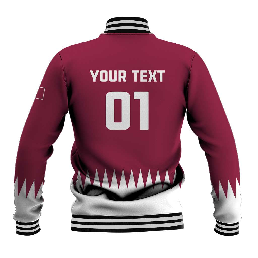 Back view maroon baseball jacket with striped ribbed hem, bold 01 and custom text