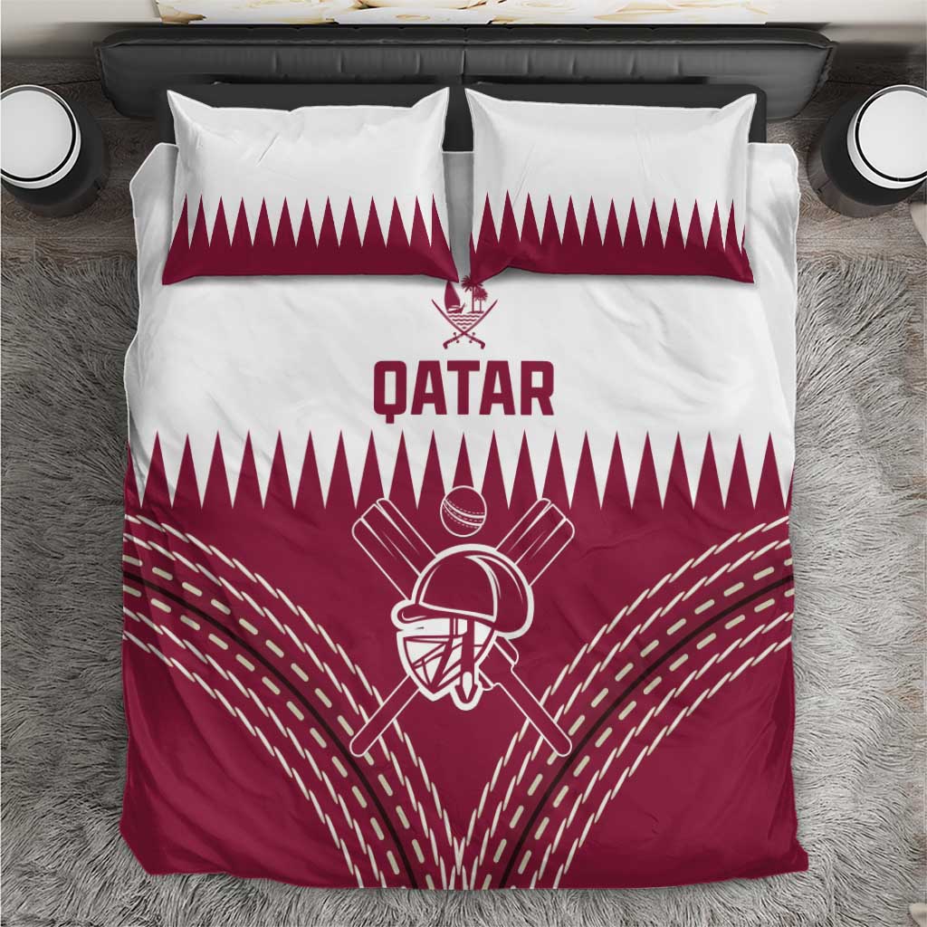 Qatar cricket bedding set, red and white duvet with helmet-and-bats logo and text