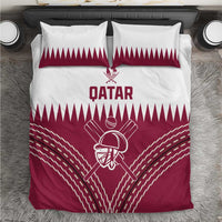 Qatar cricket bedding set, red and white duvet with helmet-and-bats logo and text