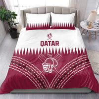 Red and white Qatar cricket bedding set, duvet with central QATAR logo and patterned border