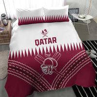 Qatar cricket bedding set, maroon and white duvet with Qatar text and cricket helmet graphic