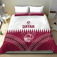 Red and white Qatar cricket bedding set with duvet featuring QATAR logo and helmet-and-bats art