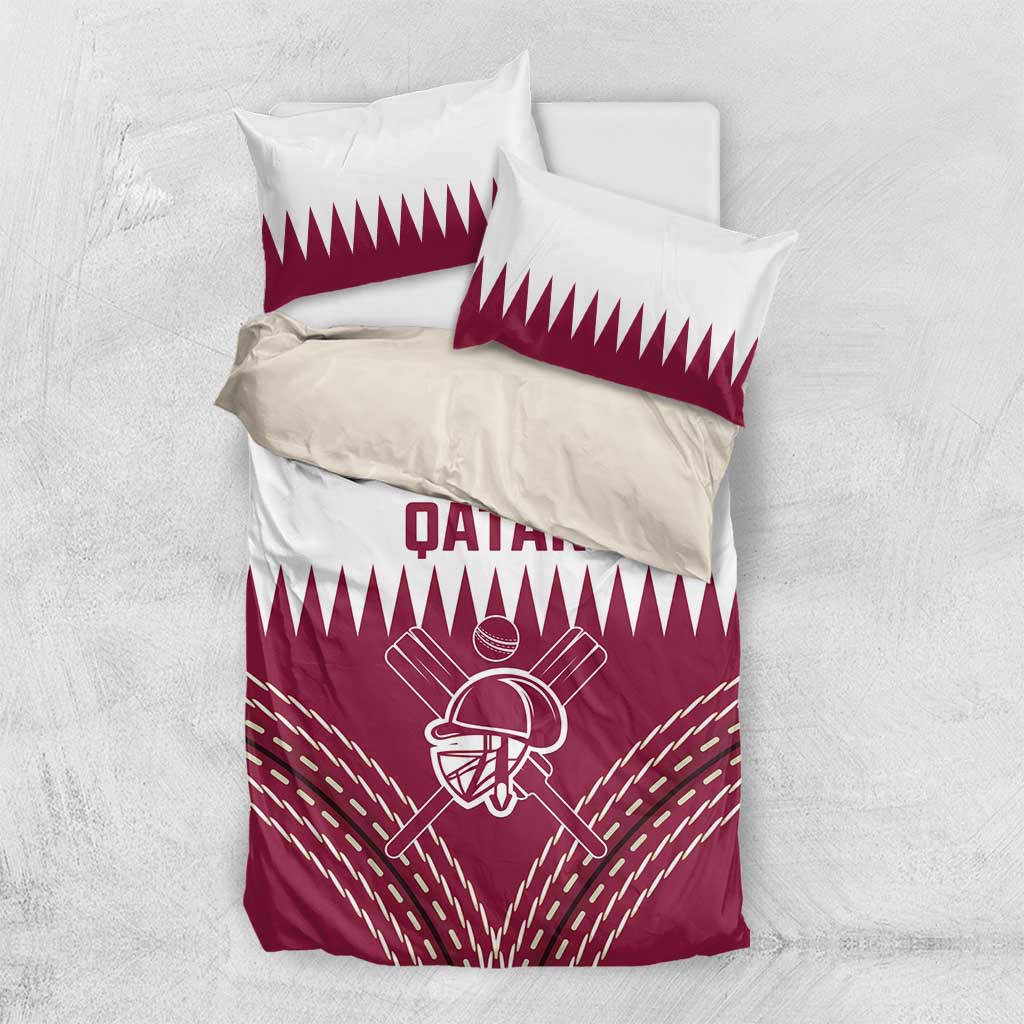 Qatar cricket bedding set with maroon/white duvet and matching pillowcases, helmet-and-bats design