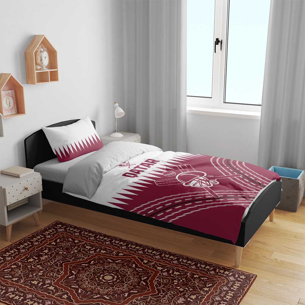 Red and white Qatar cricket bedding set on bed, duvet with QATAR logo and cricket helmet graphic