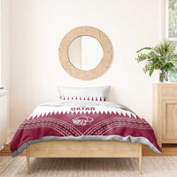 Qatar cricket bedding set with red and white duvet and pillows, Qatar text and helmet-and-bats art
