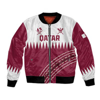 Red and white bomber jacket front with zipper, QATAR print and cricket bat icons, black cuffs