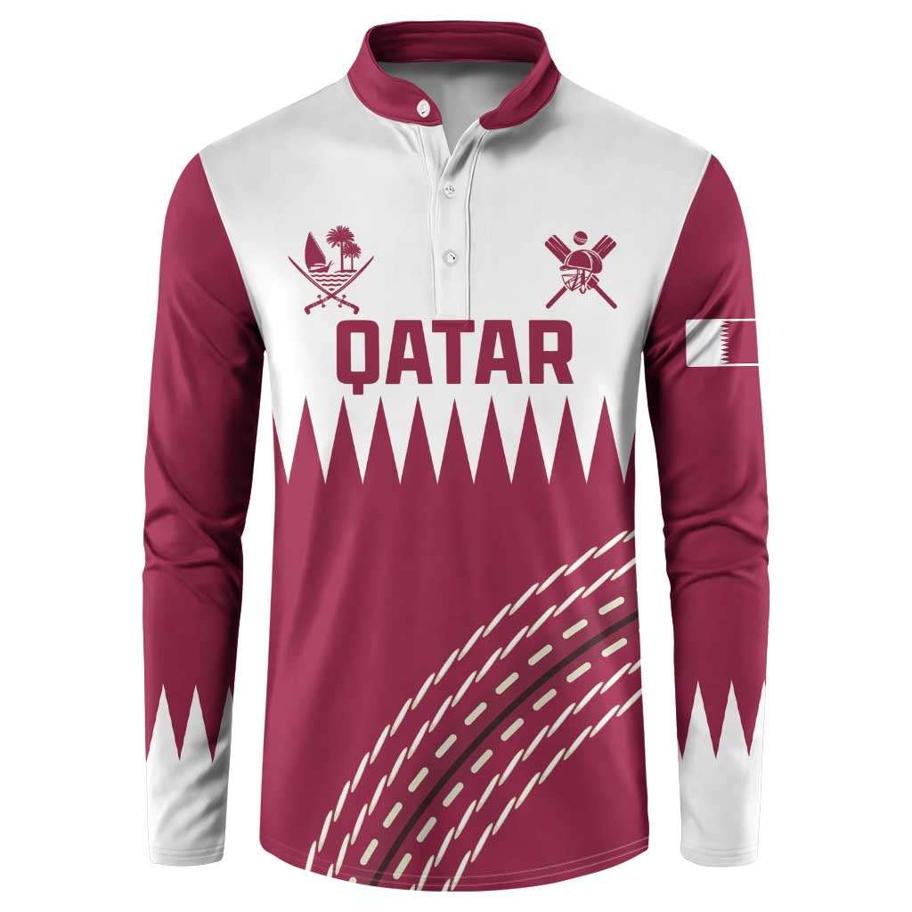 Boys maroon and white cricket button sweatshirt with QATAR front graphic