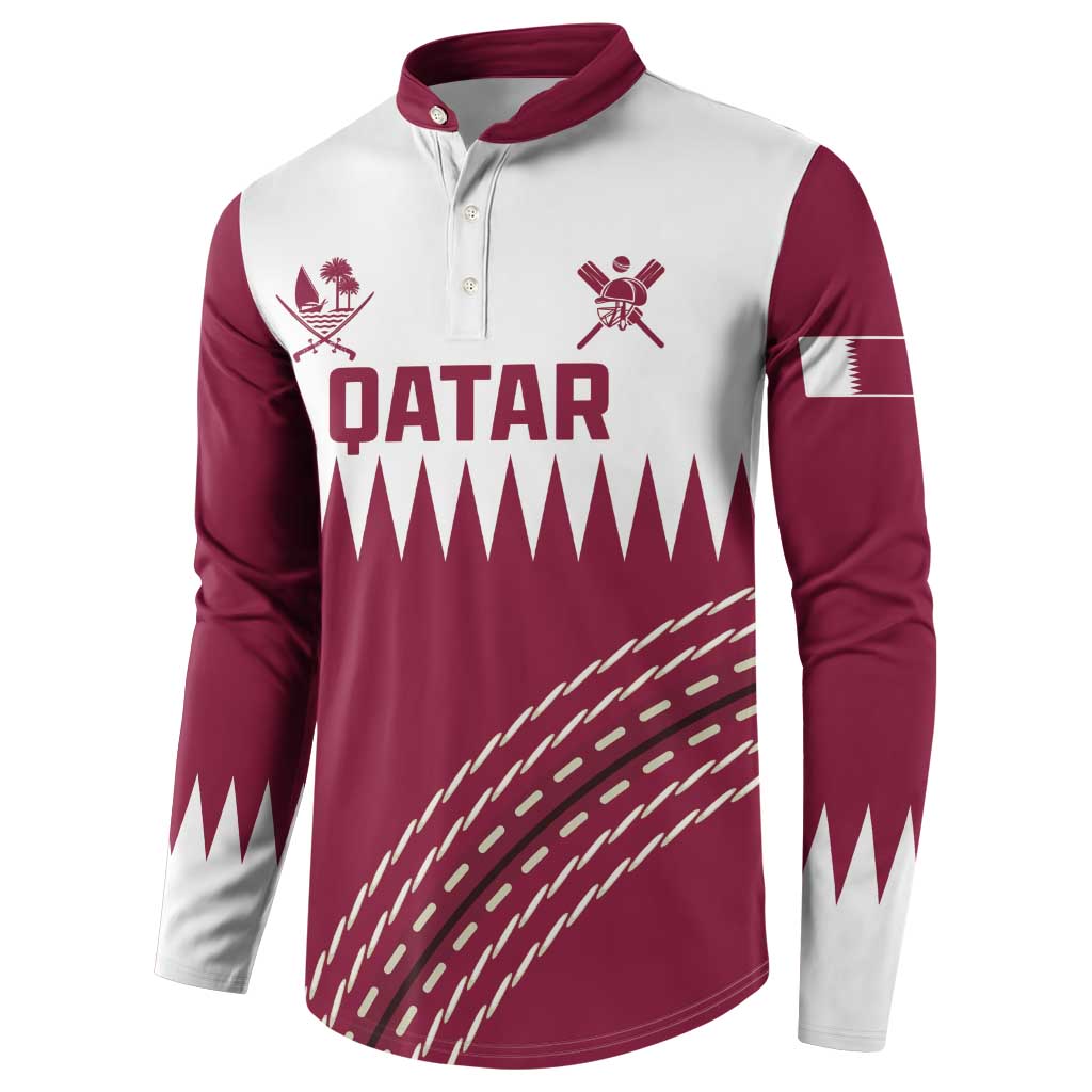 Boys maroon and white cricket button sweatshirt with QATAR logo and sleeve flags