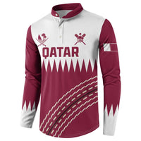 Boys maroon and white cricket button sweatshirt with QATAR logo and sleeve flags