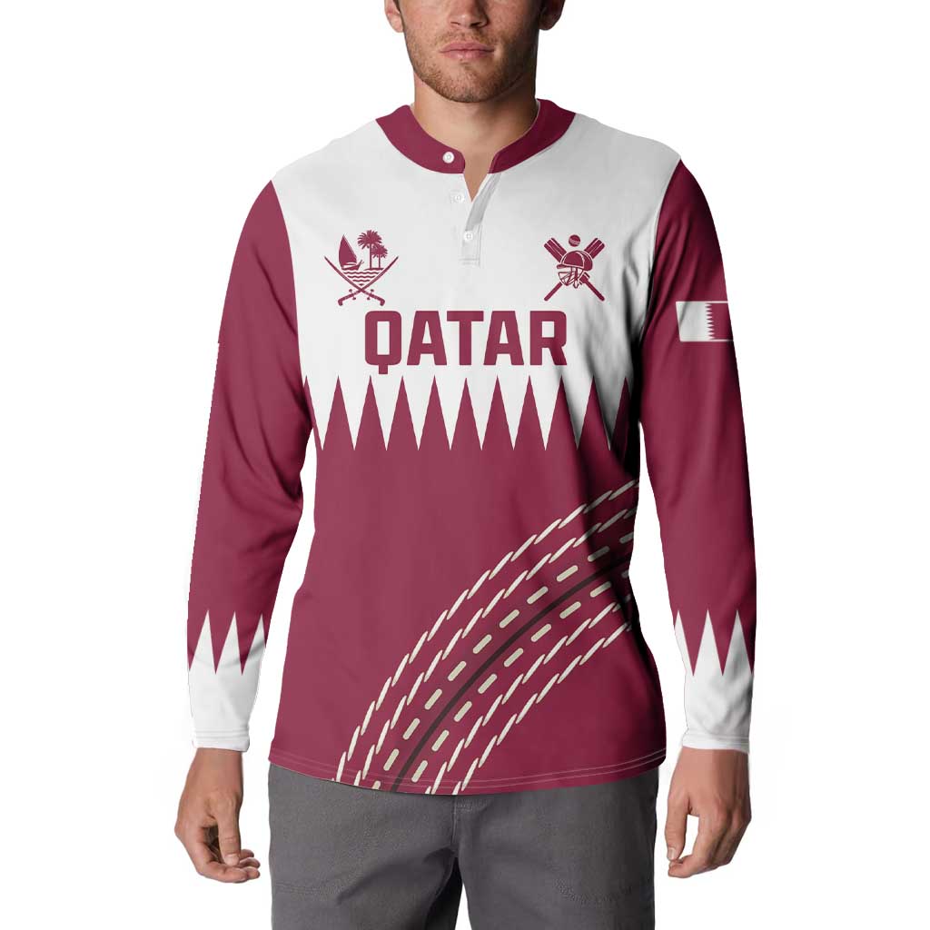 Maroon and white cricket button sweatshirt with QATAR front graphic, worn by model