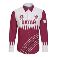 Red and white custom cricket button shirt with collar, front Qatar graphic, long sleeves