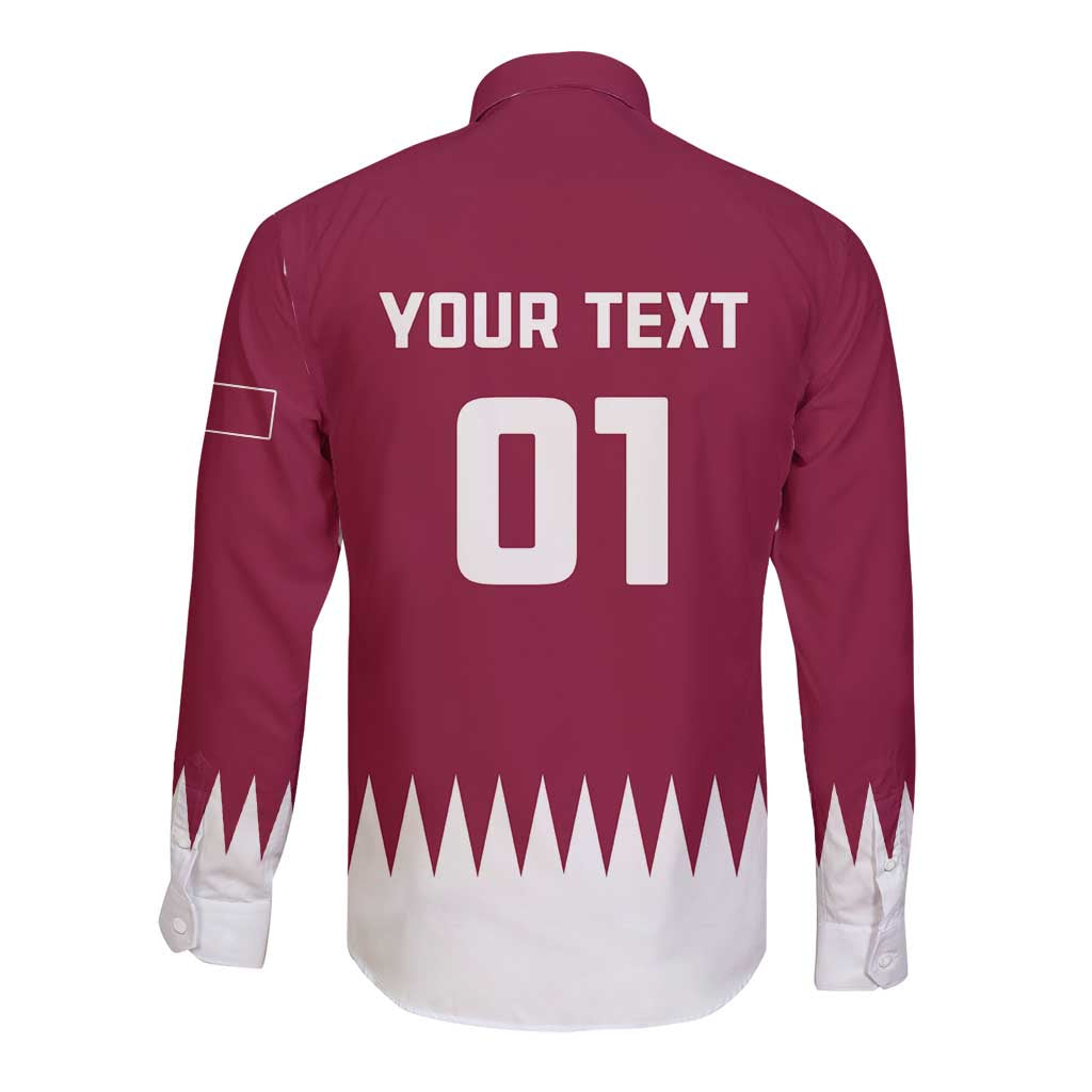 Back of red and white custom cricket button shirt with YOUR TEXT 01, long sleeves