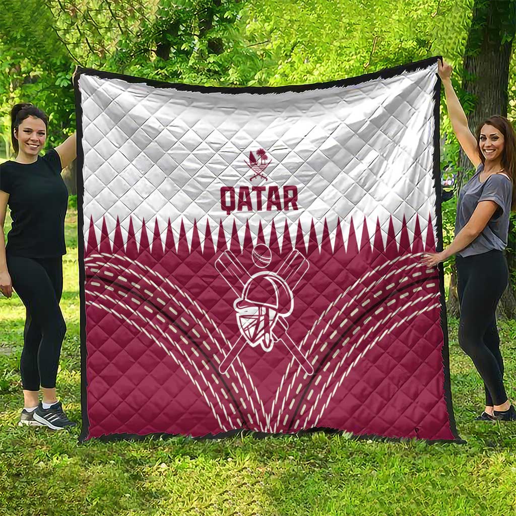 Qatar cricket quilt outdoors, white upper panel and red lower panel with helmet logo