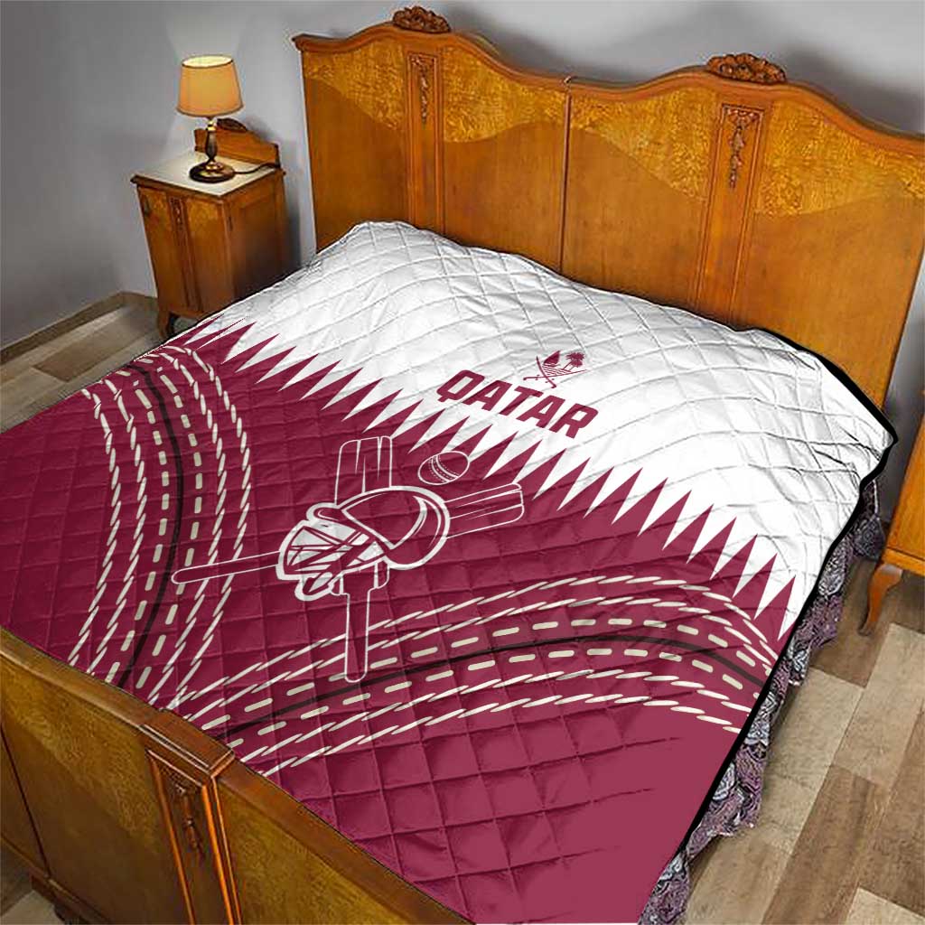 Qatar cricket quilt on bed, white upper section with red Qatar text and helmet icon
