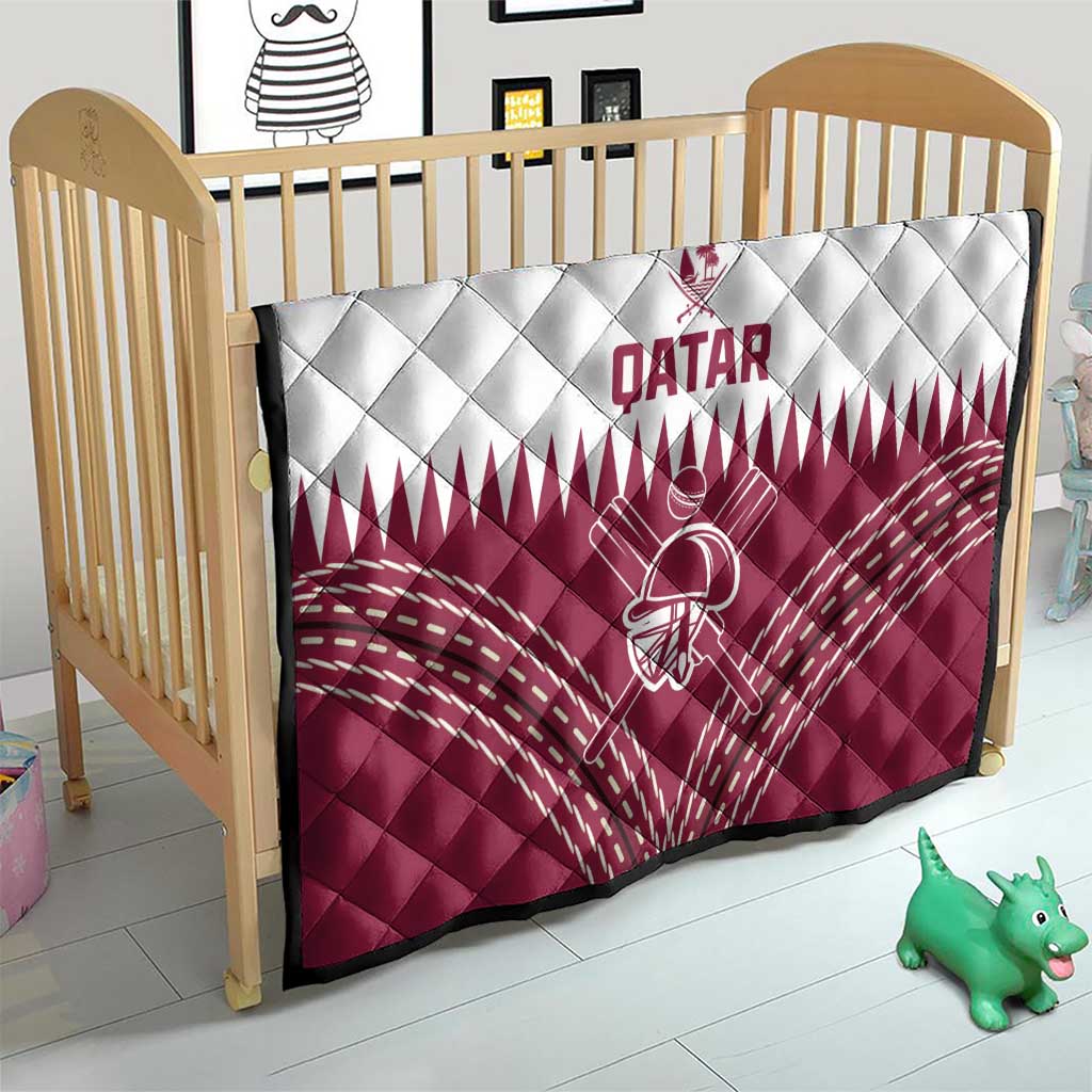 Qatar cricket quilt for kids bed, white quilted top with red Qatar word and helmet