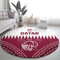 Red round Qatar cricket carpet with bold white central player helmet graphic