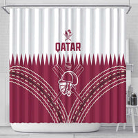 Cricket shower curtain, maroon center panel with Qatar logo and cricket helmet emblem