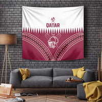Red and white Qatar cricket tapestry displayed on brick wall with “QATAR” and crest