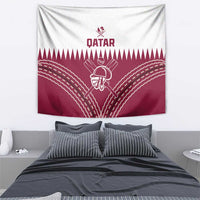 Red and white Qatar cricket wall tapestry with “QATAR” text and helmet-and-bats graphic