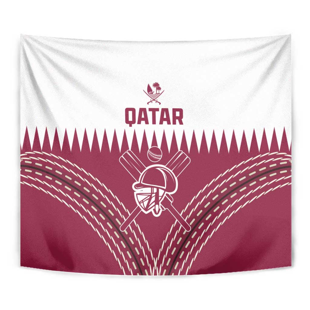 Close view of red and white Qatar cricket tapestry with “QATAR” and helmet emblem at center
