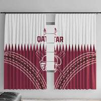 Front view of maroon Qatar cricket window curtains with centered player logo and white lines