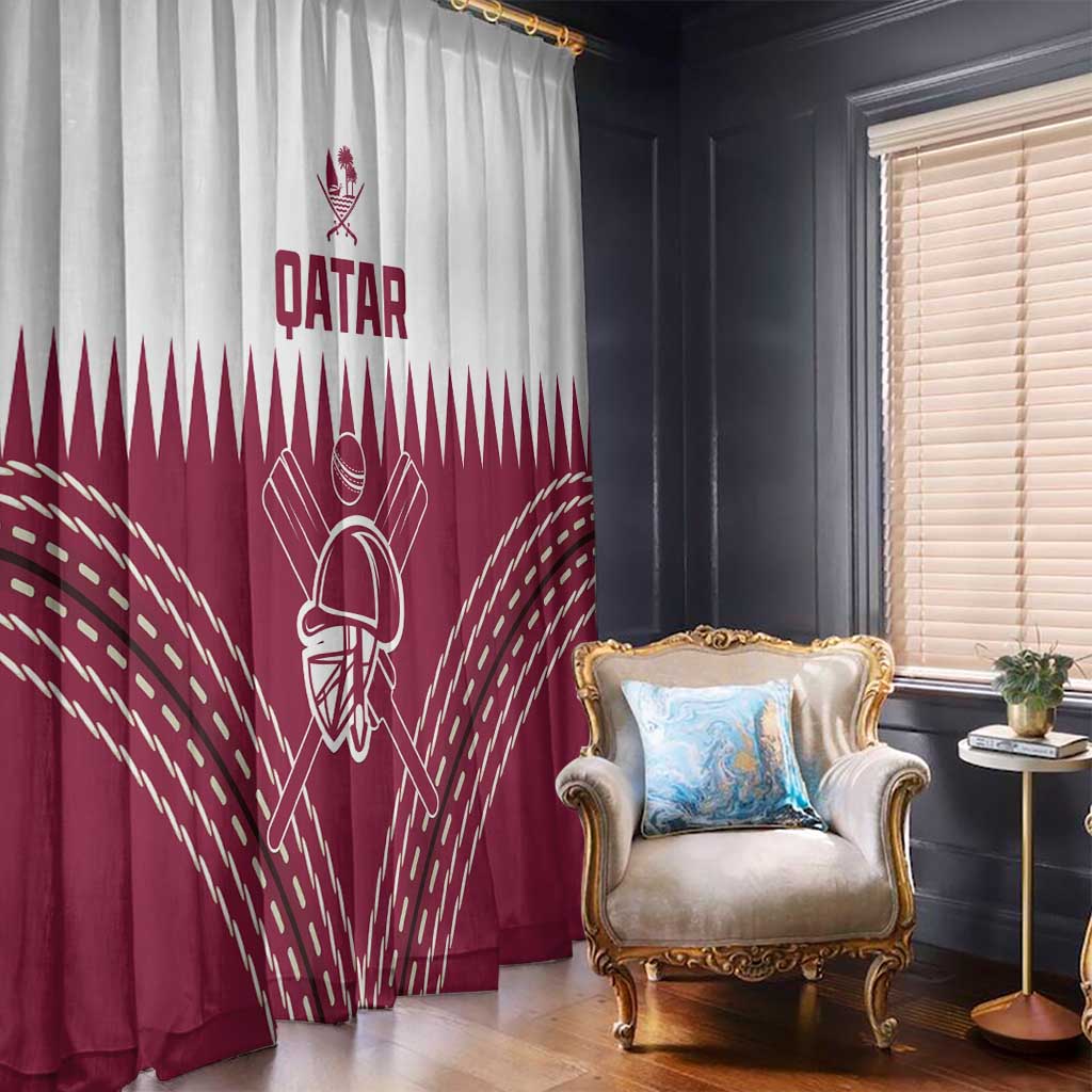 Maroon Qatar cricket curtain with white emblem and flowing pattern over window side