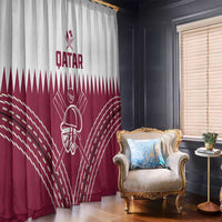 Maroon Qatar cricket curtain with white emblem and flowing pattern over window side